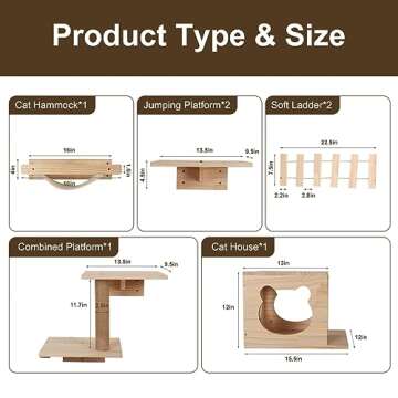 LUCKUP 9 pcs Cat Wall Shelves and Perches-Wall Mounted Cat Wall Furniture Cat Climbing Shelf Natural Wood W/ 1 Cat House, 1 Cat Hammock, 2 Ladder, 4 Cat Perchs, 1 Cat Scratching Post