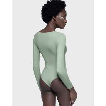 PUMIEY Long Sleeve Bodysuits for Women Sexy Double Lined Shirts Square Neck Going Out Tops, Sage Small