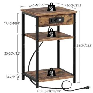 Rolanstar End Table with Charging Station, Night Stand with 3 Storage Shelves, Small Side Table for Small Space, Narrow Bedside Table for Living Room, Bedroom, Rustic Brown