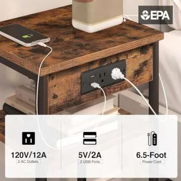 Rolanstar End Table with Charging Station, Night Stand with 3 Storage Shelves, Small Side Table for Small Space, Narrow Bedside Table for Living Room, Bedroom, Rustic Brown
