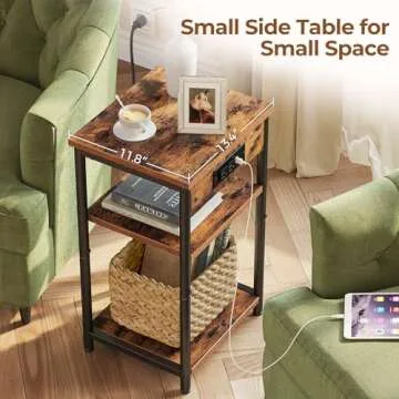 Rolanstar End Table with Charging Station, Night Stand with 3 Storage Shelves, Small Side Table for Small Space, Narrow Bedside Table for Living Room, Bedroom, Rustic Brown
