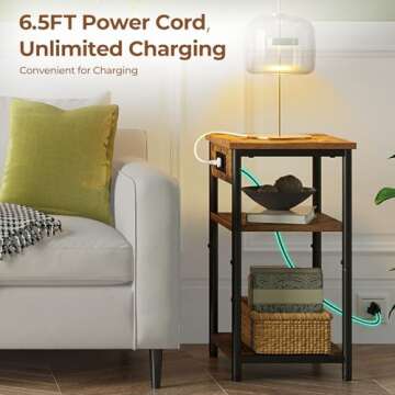Rolanstar End Table with Charging Station, Night Stand with 3 Storage Shelves, Small Side Table for Small Space, Narrow Bedside Table for Living Room, Bedroom, Rustic Brown