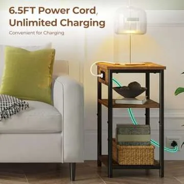 Rolanstar End Table with Charging Station, Night Stand with 3 Storage Shelves, Small Side Table for Small Space, Narrow Bedside Table for Living Room, Bedroom, Rustic Brown