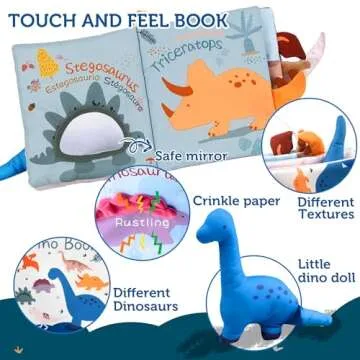 Richgv Baby Books Toys 0-6-12 Months, Baby Boy Gifts Touch and Feel Crinkle Books with Dino Doll, Newborn Infant Toys 6-9-12 Months, Carseat Toys Shower Gifts Baby Valentines Gifts Stocking Stuffers