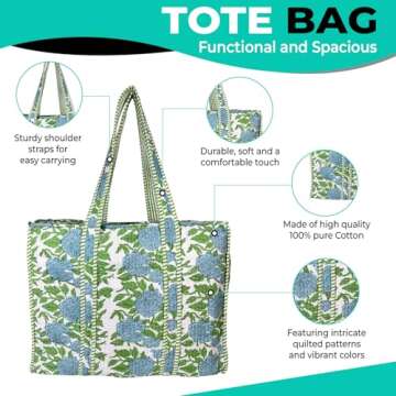 Eco-Friendly Quilted Cotton Tote Bag - Lightweight Handcrafted Shoulder Bag with Pockets for Gym, Tr...