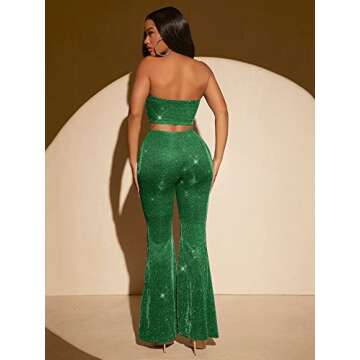 WDIRARA Women's Sparkly Two Piece Set Disco Glitter Outfits Tube Top Flare Pants Set