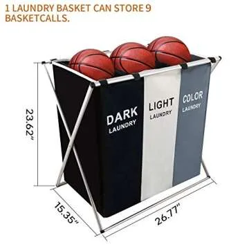Nicesail 3 Section Laundry Basket Printed Dark Light Color, Foldable Hamper/Sorter with Waterproof Oxford Bags and Aluminum Frame, Washing Clothes Storage for Home, Dormitary Multicolored