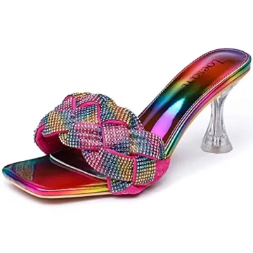 loesan Women's Rhinestone Braided Heels Sandals Open Square Toe Stilettos Heels Clear Lucite Heeled ...