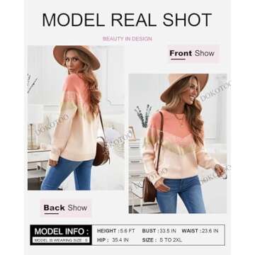 Dokotoo Women's Fashion V Stripe Pattern Knitted Oversized Sweaters Long Sleeve Color Block Crewneck...