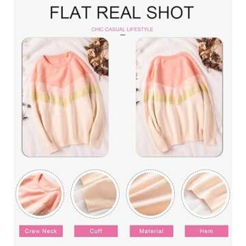 Dokotoo Women's Fashion V Stripe Pattern Knitted Oversized Sweaters Long Sleeve Color Block Crewneck Pullover Sweaters for Women Winter Casual Chunky Jumper Tops Pink Small