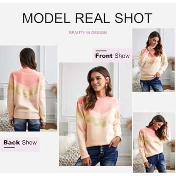 Dokotoo Women's Fashion V Stripe Pattern Knitted Oversized Sweaters Long Sleeve Color Block Crewneck Pullover Sweaters for Women Winter Casual Chunky Jumper Tops Pink Small