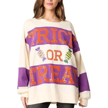 Melliflo Color Block Sweatshirts for women Halloween Sequin Letter Sweatshirts Crewneck Long Sleeve Sweatshirt Fall White