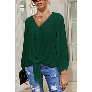 Kancystore Women's Cute Balloon Sleeve Blouse Dark Green