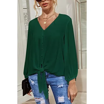 Kancystore Women's Cute Balloon Sleeve Blouse Dark Green