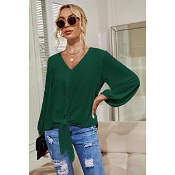 Kancystore Women's Cute Balloon Sleeve Blouse Dark Green