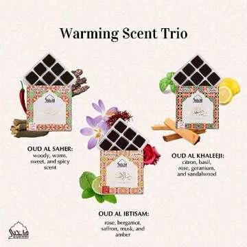 Oud Al Khaleeji, Oud Al Saher, Oud Al Ibtisam Bakhoor by Dukhni - (3 Trays x 9 Piece Each) & Tree of Life Exotic Burner | Perfect for Prayer & Meditation.