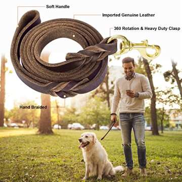 Guiding Star 6ft Leather Dog Leash and Collar Set, Soft Braided Leather Dog Leash 6ft with Adjustabl...