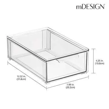 mDesign Plastic Pantry Organization and Storage Bin w/Pull Out Drawer - Shallow Stackable Kitchen Supplies Storage Container for Organizing Cabinet, Fridge, Freezer, Lumiere Collection, 4 Pack, Clear