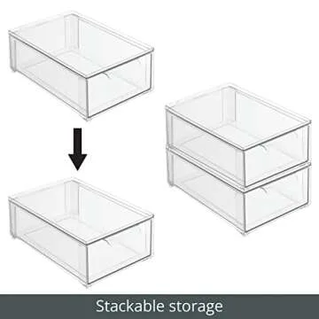 mDesign Plastic Pantry Organization and Storage Bin w/Pull Out Drawer - Shallow Stackable Kitchen Supplies Storage Container for Organizing Cabinet, Fridge, Freezer, Lumiere Collection, 4 Pack, Clear