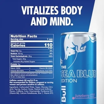 Red Bull Sea Blue Edition Energy Drink, Juneberry, with 80mg Caffeine plus Taurine & B Vitamins, 8.4...
