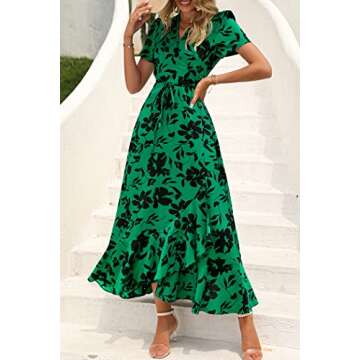 PRETTYGARDEN Women's Summer Wrap Maxi Dress Casual Boho Floral V Neck Short Sleeve Ruffle Hem Split Beach Long Dresses (Green Floral,Large)