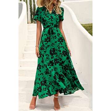 PRETTYGARDEN Women's Summer Wrap Maxi Dress Casual Boho Floral V Neck Short Sleeve Ruffle Hem Split Beach Long Dresses (Green Floral,Large)
