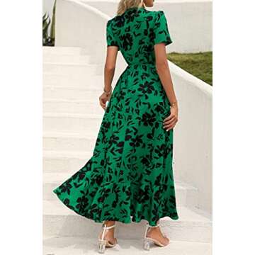 PRETTYGARDEN Women's Summer Wrap Maxi Dress Casual Boho Floral V Neck Short Sleeve Ruffle Hem Split Beach Long Dresses (Green Floral,Large)