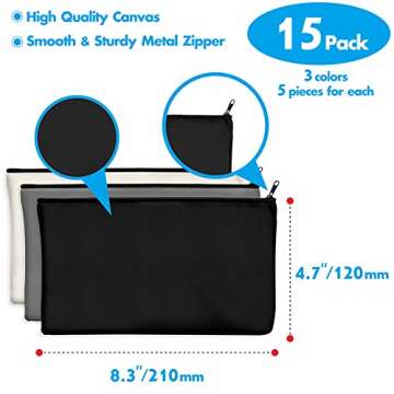 15 Pack Blank Cotton Canvas DIY Craft Zipper Bags Pouches Pencil Case for Makeup Cosmetic Toiletry Stationary Storage(Black + Grey + White)
