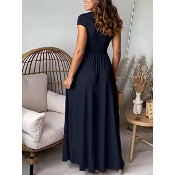 ANRABESS Women Summer Deep V Neck Short Sleeve Slit 2025 Elegant Formal Wedding Guest Cocktail Evening Date Maxi Long Dress Navy Blue Medium