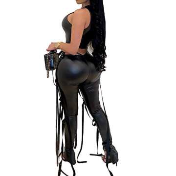 MESLIMA Women's Bandage PU Leather 2 Piece Tank Top Solid Lace Up Bodycon Split Long Pant Sets Outfi...