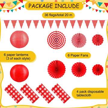 Hortsun 18 Pcs Picnic Party Decorations Set Include Red and White Checkered Gingham Pennant Banner Hanging Paper Fans Round Lanterns Plastic Disposable Tablecloth for Carnival Picnic Party Supplies