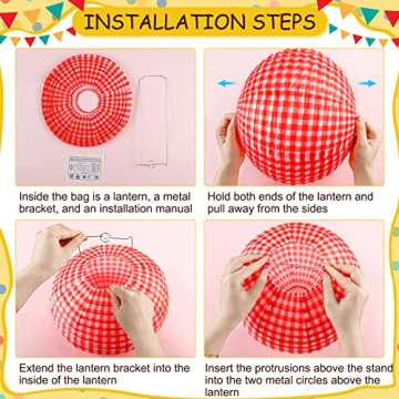Hortsun 18 Pcs Picnic Party Decorations Set Include Red and White Checkered Gingham Pennant Banner Hanging Paper Fans Round Lanterns Plastic Disposable Tablecloth for Carnival Picnic Party Supplies