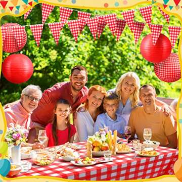Hortsun 18 Pcs Picnic Party Decorations Set Include Red and White Checkered Gingham Pennant Banner Hanging Paper Fans Round Lanterns Plastic Disposable Tablecloth for Carnival Picnic Party Supplies