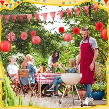Hortsun 18 Pcs Picnic Party Decorations Set Include Red and White Checkered Gingham Pennant Banner Hanging Paper Fans Round Lanterns Plastic Disposable Tablecloth for Carnival Picnic Party Supplies