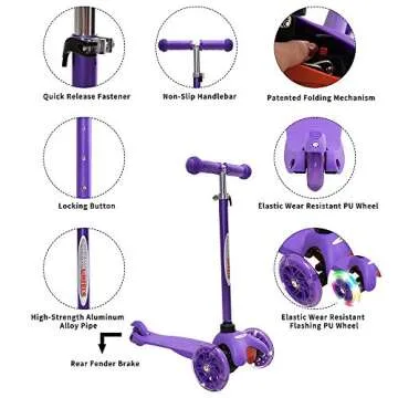ChromeWheels Scooter for Kids, Deluxe 3 Wheel Scooter for Toddlers 4 Adjustable Height Glider with Kick Scooters, Lean to Steer with LED Flashing Light for Ages 3-6 Girls Boys, Purple