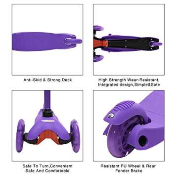ChromeWheels Scooter for Kids, Deluxe 3 Wheel Scooter for Toddlers 4 Adjustable Height Glider with Kick Scooters, Lean to Steer with LED Flashing Light for Ages 3-6 Girls Boys, Purple