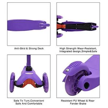 ChromeWheels Scooter for Kids, Deluxe 3 Wheel Scooter for Toddlers 4 Adjustable Height Glider with Kick Scooters, Lean to Steer with LED Flashing Light for Ages 3-6 Girls Boys, Purple
