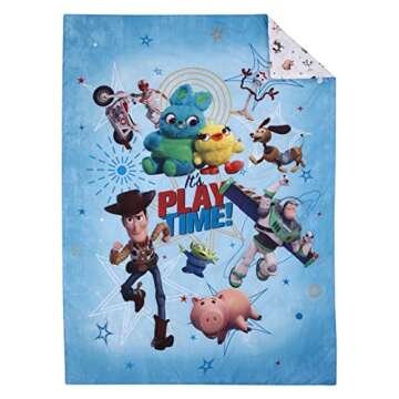 Disney Toy Story It's Play Time Blue, Green, Red, and Yellow, Woody and Buzz 4 Piece Toddler Bed Set...