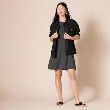 Amazon Essentials Women's Short-Sleeve Scoop Neck Swing Dress (Available in Plus Size), Charcoal Heather, Small