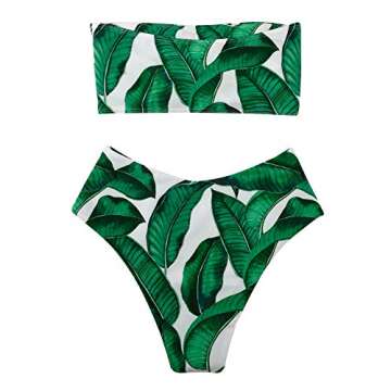 OMKAGI Women Bandeau Swimsuit Floral Cheeky High Cut Thong Bikini Set(S,24-Green Leaf)