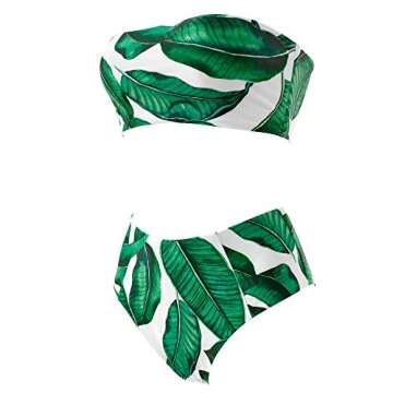 OMKAGI Women Bandeau Swimsuit Floral Cheeky High Cut Thong Bikini Set(S,24-Green Leaf)