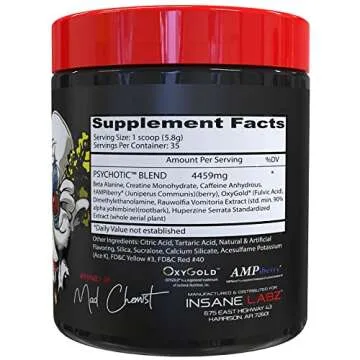 Insane Labz Psychotic, High Stimulant Pre Workout Powder, Extreme Lasting Energy, Focus and Endurance with Beta Alanine, Creatine Monohydrate DMAE, 35 Srvgs (Hawaiian Orange)