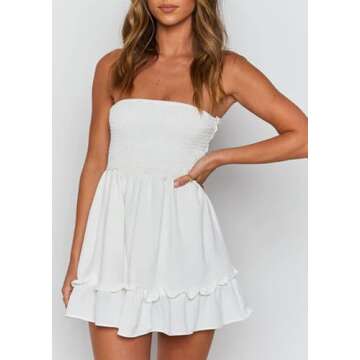 Tsher Tube Top Dress for Women Summer Solid Strapless Mini Dresses, Off The shoudle Ruffle Beach Dre...