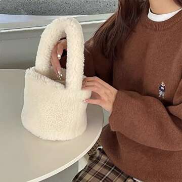 Women Fuzzy Bag Sherpa Purse Faux Fur Handbag Furry Fluffy Plush Hand Bags Cute Small Totes Winter F...