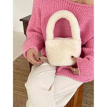 Women Fuzzy Bag Sherpa Purse Faux Fur Handbag Furry Fluffy Plush Hand Bags Cute Small Totes Winter Fashion Purses (White)