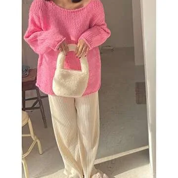 Women Fuzzy Bag Sherpa Purse Faux Fur Handbag Furry Fluffy Plush Hand Bags Cute Small Totes Winter Fashion Purses (White)