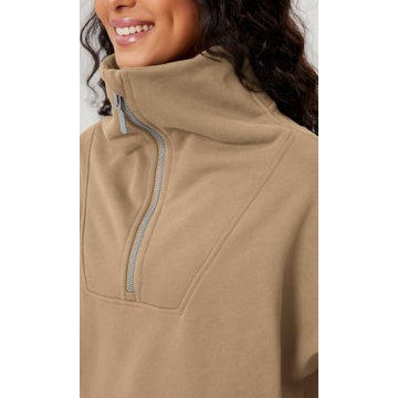 ODODOS Cinchable Sweatshirts for Women Funnel Neck Half Zipper Hoodies Fleece Lined Oversized Pullover, Khaki, Medium