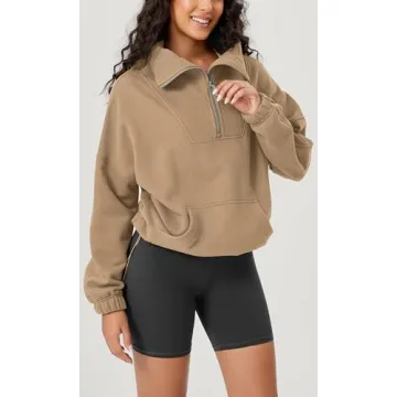 ODODOS Cinchable Sweatshirts for Women Funnel Neck Half Zipper Hoodies Fleece Lined Oversized Pullover, Khaki, Medium