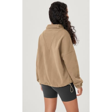 ODODOS Cinchable Sweatshirts for Women Funnel Neck Half Zipper Hoodies Fleece Lined Oversized Pullover, Khaki, Medium