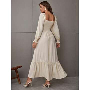WDIRARA Women's Square Neck Flounce Shirred Ruffle Hem Elegant Long Sleeve Maxi Dress